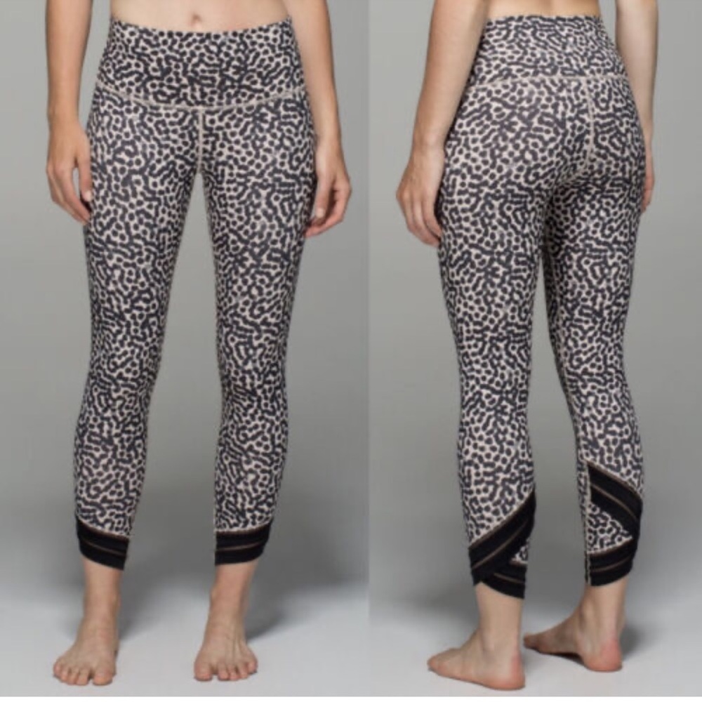 Lululemon High Time spot prints wrap mesh trim crop leggings
